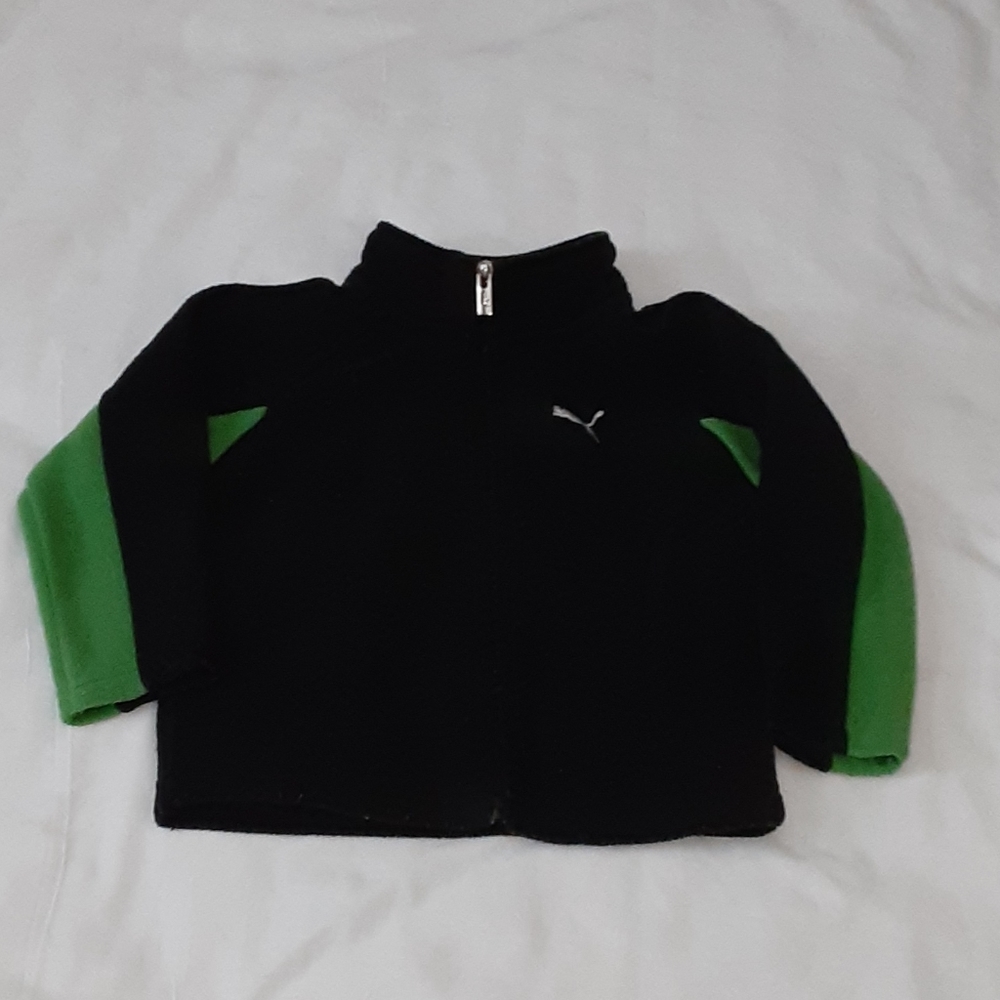 💥5/$25 Puma Boys 12M Black Green Zip Up Fleece Jacket